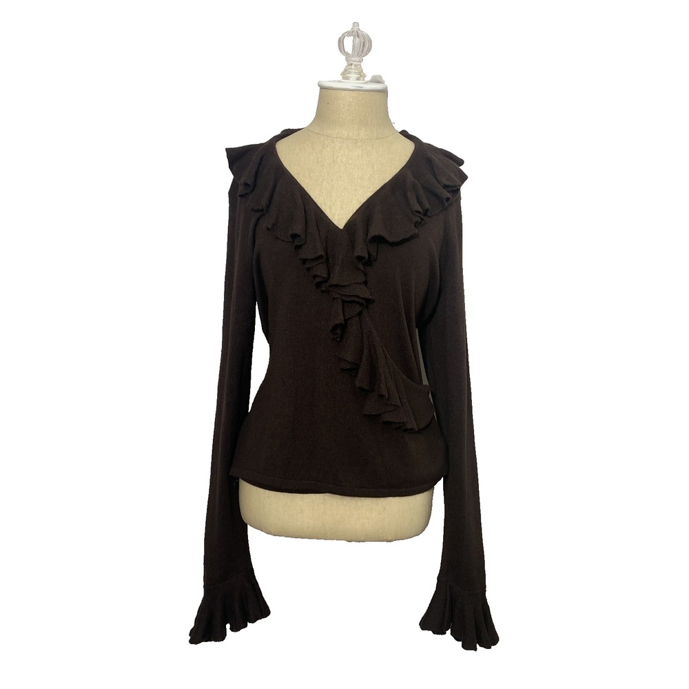 Ralph Lauren Womens Sweater Chocolate Brown Sz L Silk Cashmere Ruffle Faux Wrap